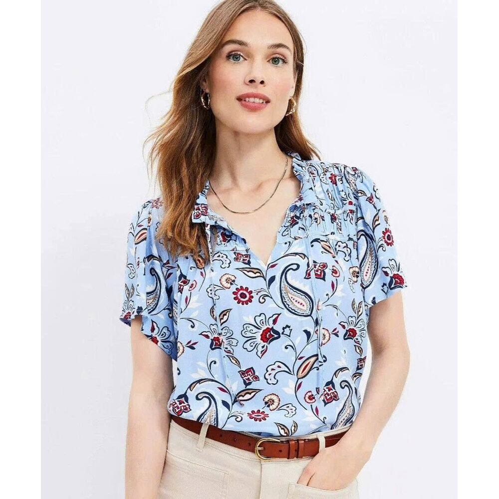 LOFT Petites Ann Taylor Top Size PXS Floral Paisley Blouse Blue Ruffle Work NWT